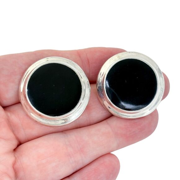Vintage Mexico Sterling Silver 925 Black Resin Disc Earrings - Picture 1 of 8